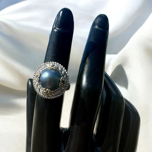 Judith Ripka 18K Gold and 925 Silver Gray Pearl and Aquamarine Cocktail Ring - Picture 5 of 13